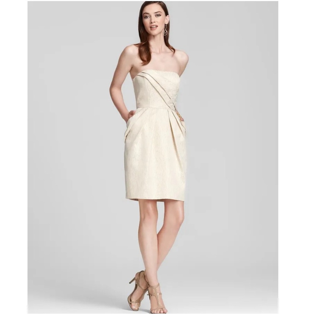 Max and Cleo | Strapless Champagne Gold Dress with Pockets - size 10